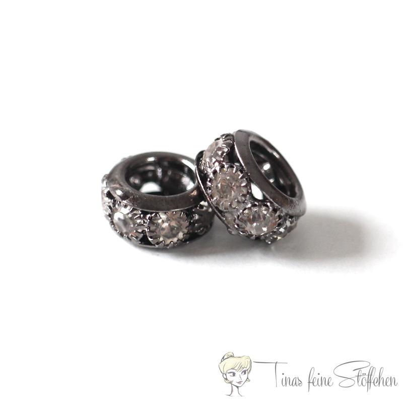 2 pieces of beautiful gunmetal metal hoodie beads with white rhinestones, ca. 7x10mm - pull through ca. 5mm