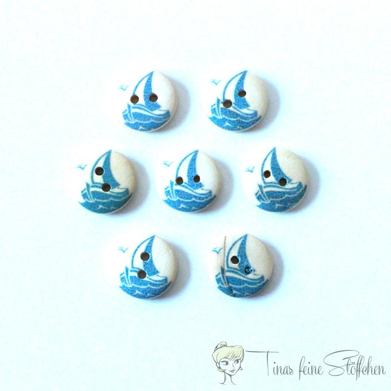 7 pcs. 15mm wooden button with mediterranean motive sailing ship in a bright sky