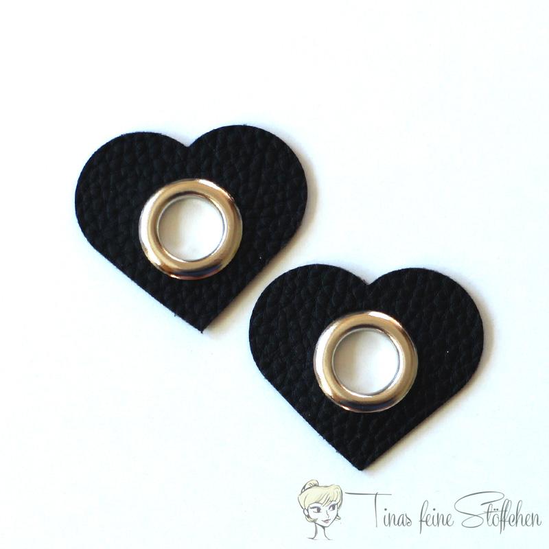 2 pieces black imitation leather heart eyelet patches - 12mm silver eyelet