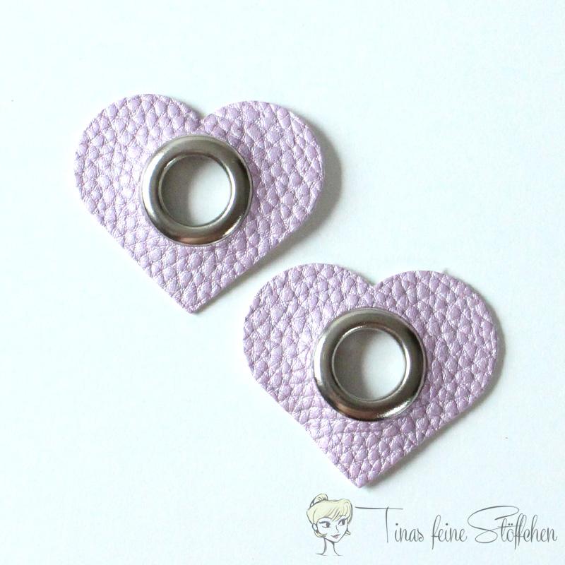 2 pieces lilac metallic imitation leather heart eyelet patches - 12mm silver eyelet