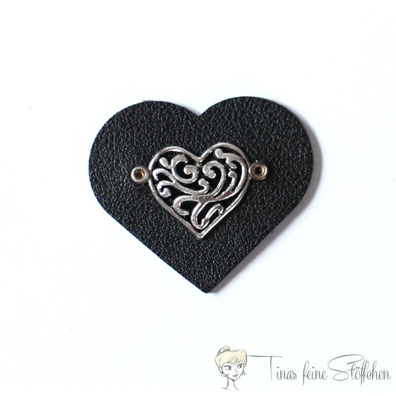 Synthetic leather heart patch black with antique-silver heart