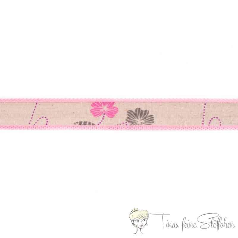 Cotton ribbon 25mm pink with flower pattern