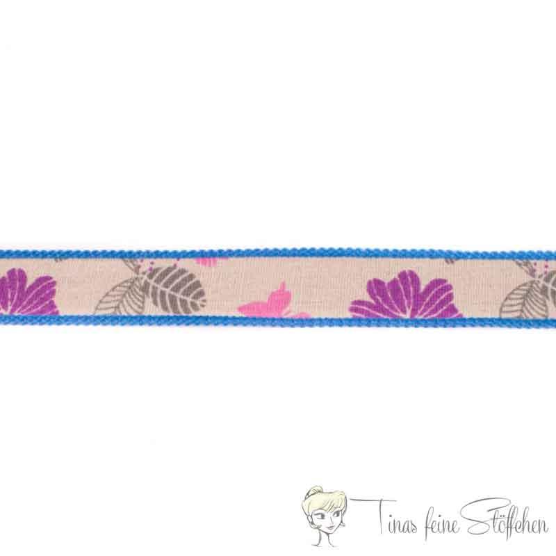 Cotton ribbon 25mm purple with flower pattern