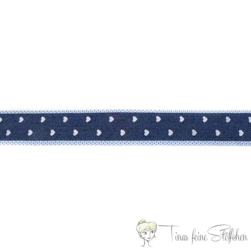 Cotton ribbon 25mm dark blue with hearts