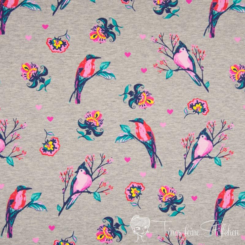 1 meter coupon summer sweat grey mottled with colorful birds and flowers - slightly roughened