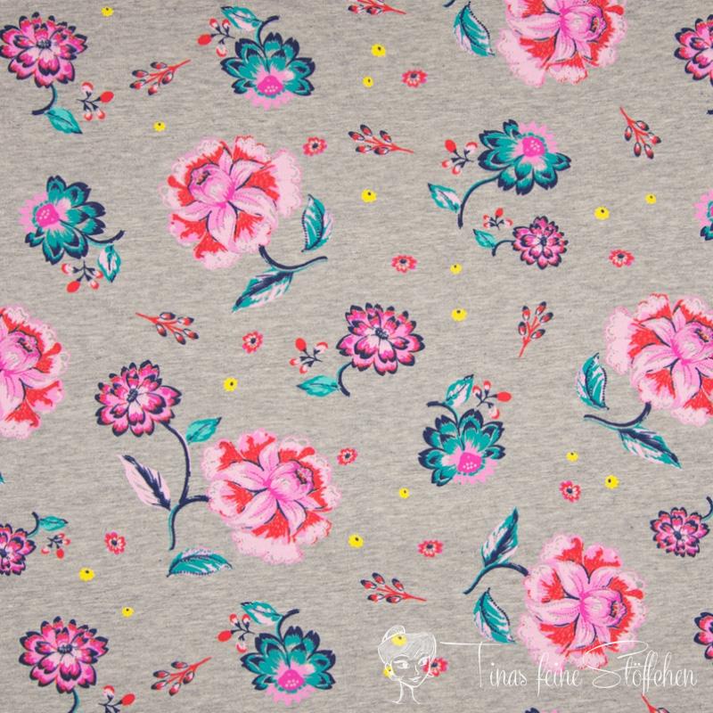 0,5 meter summer sweat grey mottled with colorful flowers - slightly roughened