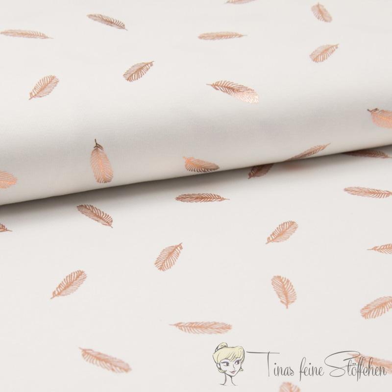 0,5 meter cotton jersey white with foil print golden feathers