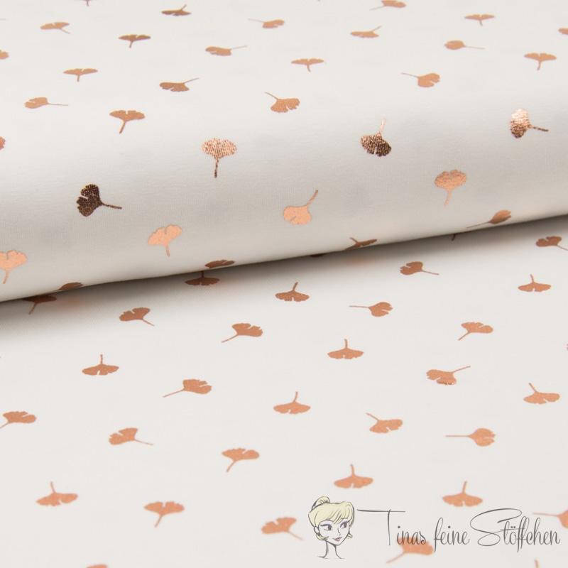 0,5 meter cotton jersey white with foil print golden ginkgo leaves