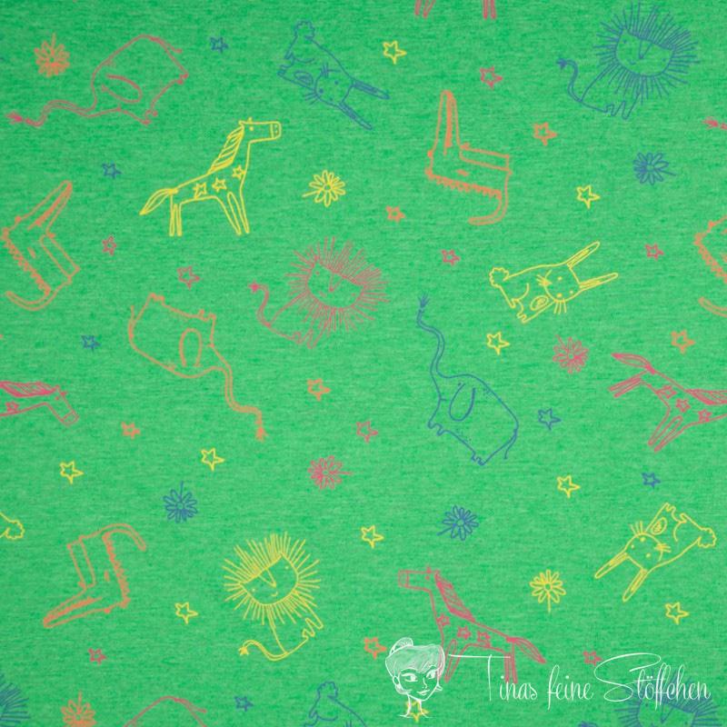 0.5 meter Cotton jersey green melange with animals and stars