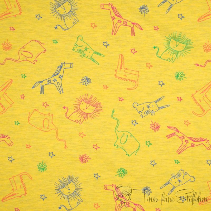 0.5 meter Cotton jersey yellow melange with animals and stars