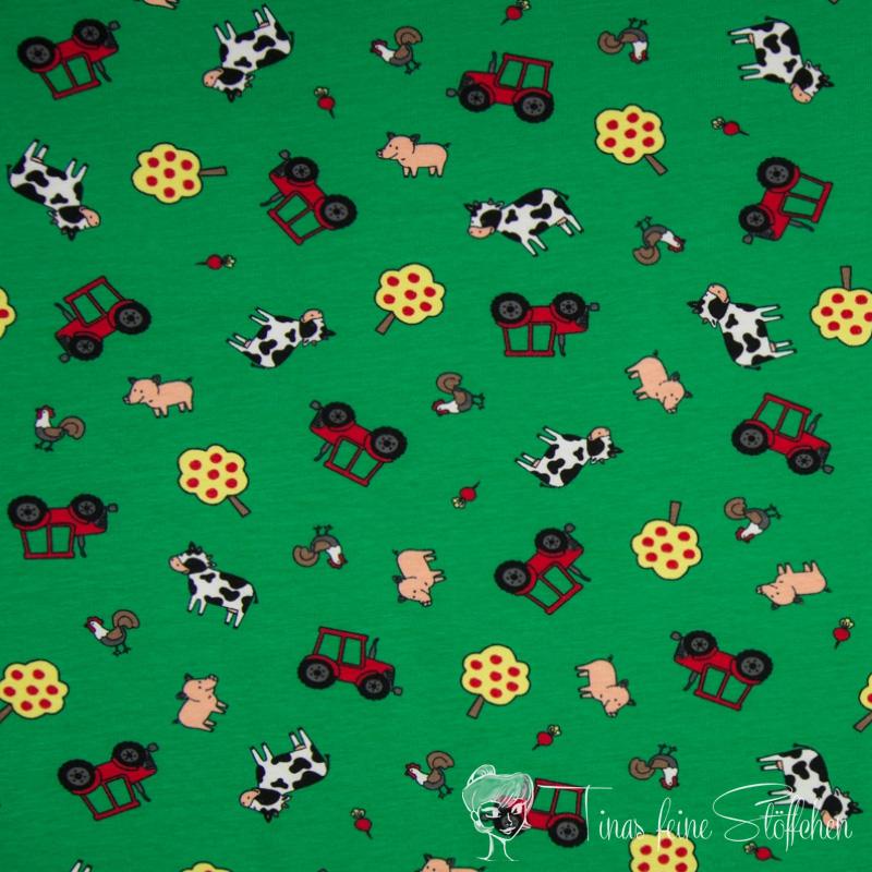 1 meter coupon - cotton jersey green with animals and tractors