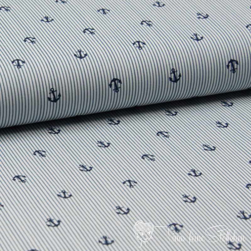 0,5 Meter Baumwolle Poplin weis-navy gestreift mit navy Anker