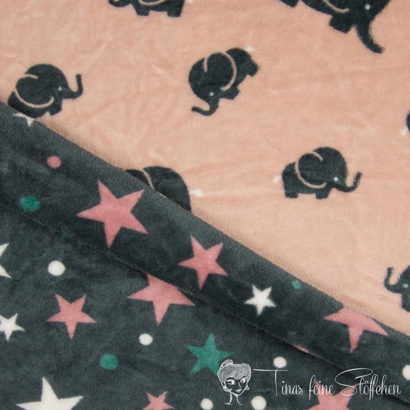 0,5 Meter Jaquard Fleece Double Face pink with elephants and stars