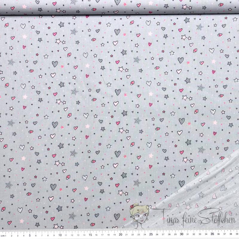 0,5 meter cotton grey with hearts and stars