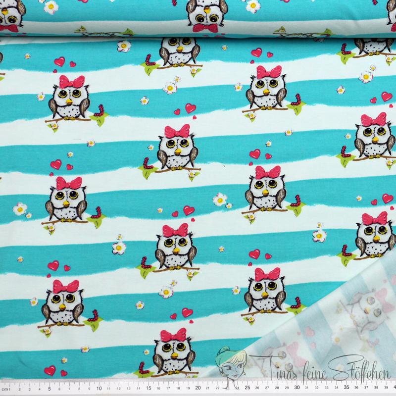 0,5 meter cotton jersey white blue striped with sweet owls