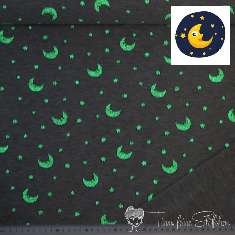 0,5 Meter Baumwolljersey Glow in the Dark - grau meliert mit Mond und Sternen