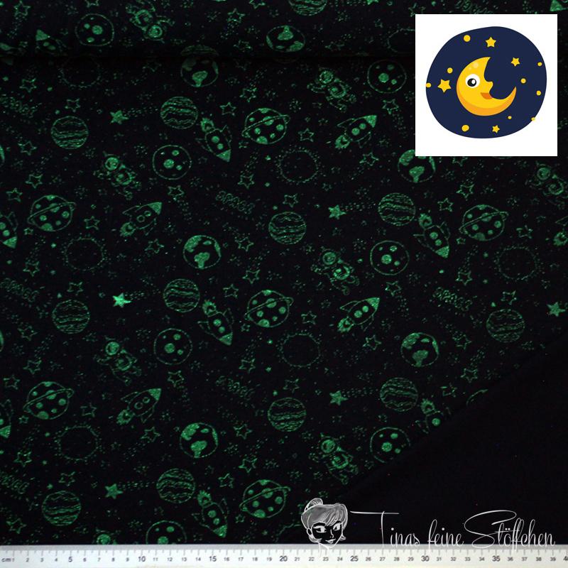 0,5 meter cotton jersey Glow in the Dark - navy with rockets, stars and planets