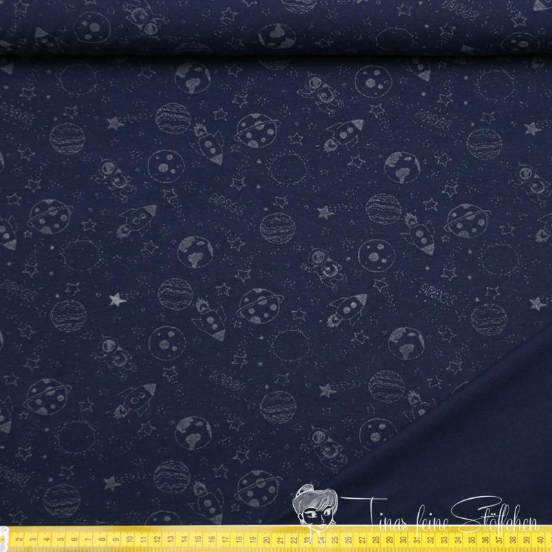 0,5 meter cotton jersey Glow in the Dark - navy with rockets, stars and planets