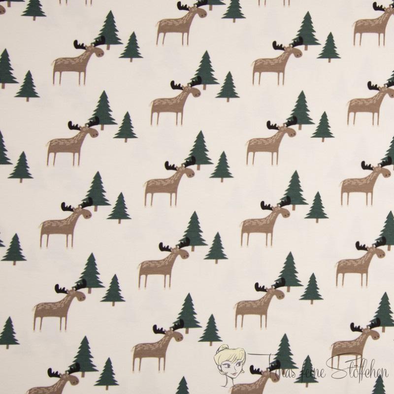 0,5 meter cotton jersey offwhite with funny moose and firs