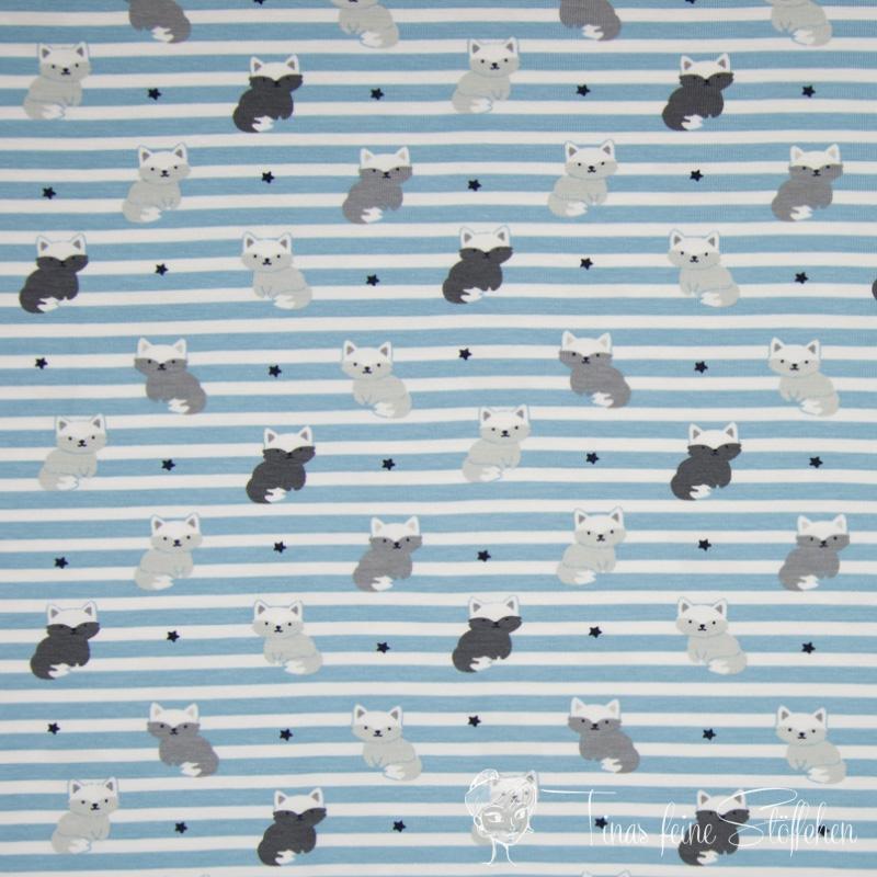 0,5 meter cotton jersey blue white striped with foxes