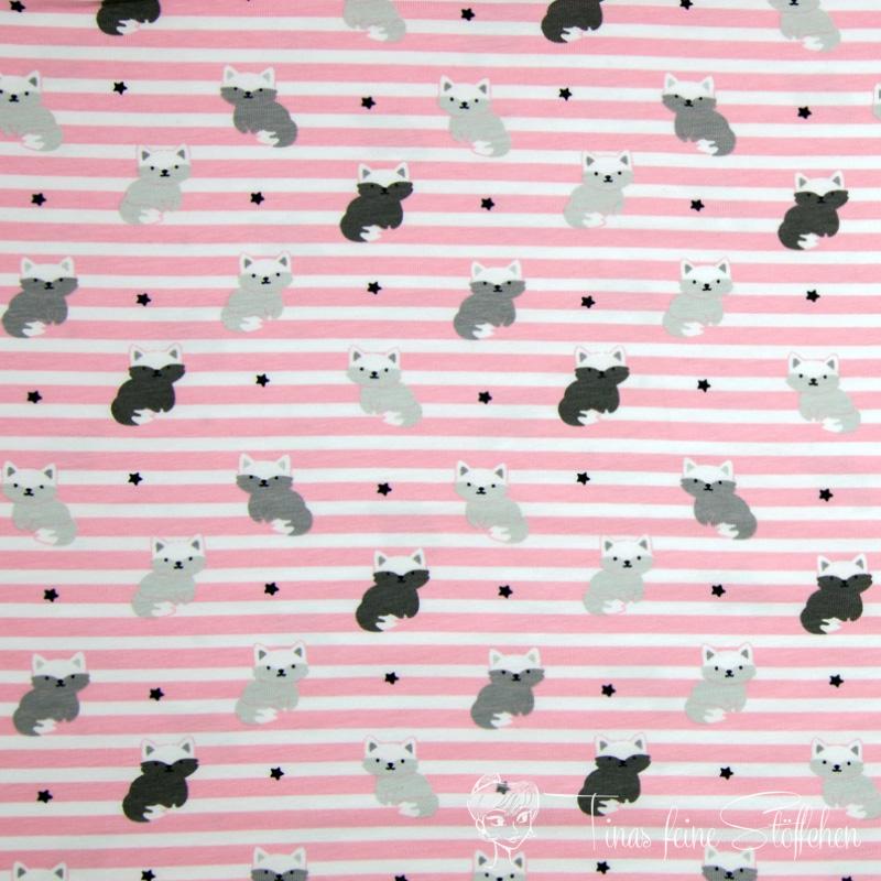 0,5 meter cotton jersey pink white striped with foxes