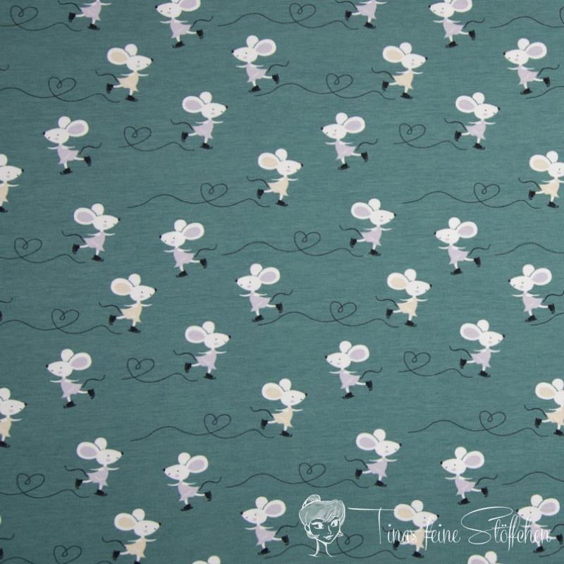 0,5 meter cotton jersey dusty mint with cute skate running mice