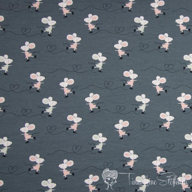 1 meter coupon - cotton jersey dark grey with cute skate running mice