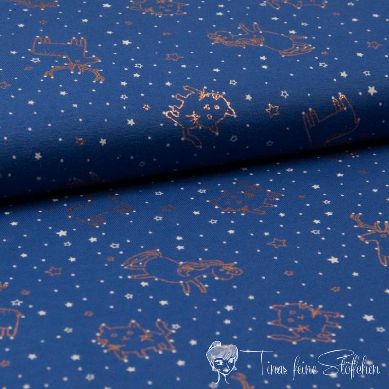 0,5 meter cotton jersey navy with golden animals in foil print and white stars