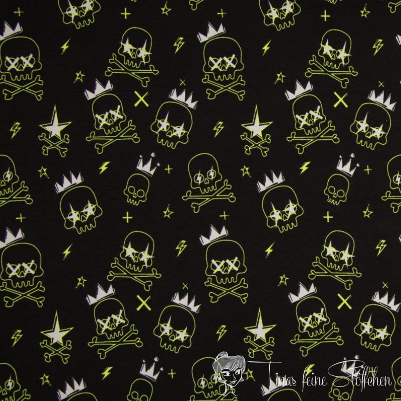 1 meter coupon - cotton jersey Glow in the Dark - black with skulls