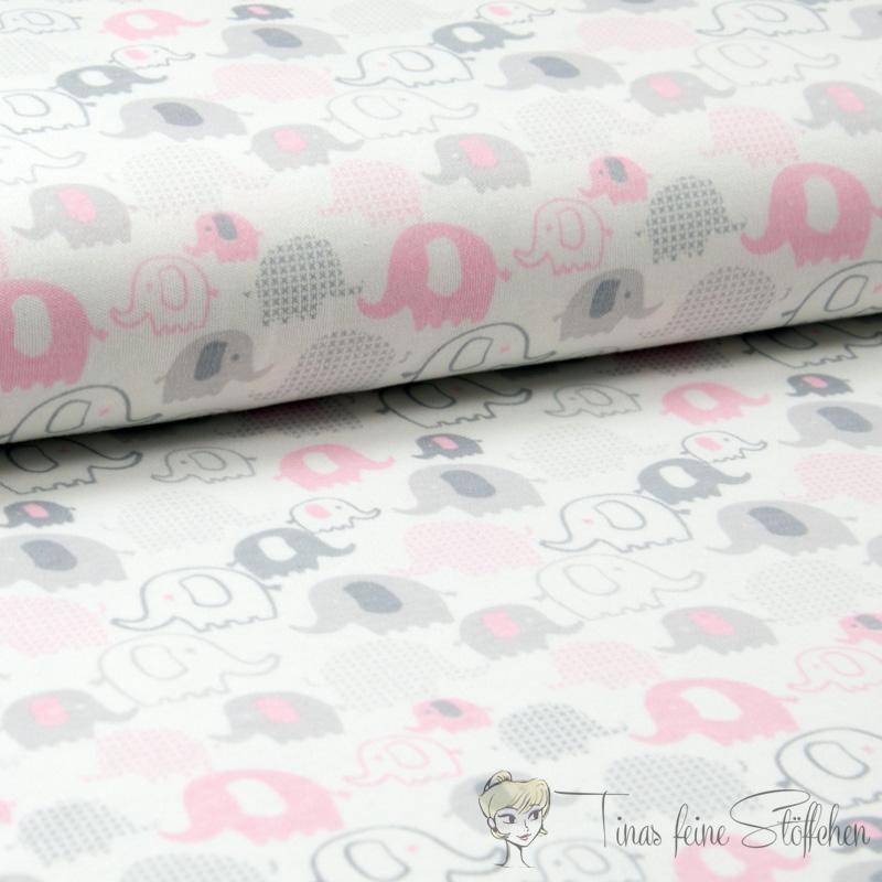 0,5 meter cotton jersey Interlock offwhite with pink elephants