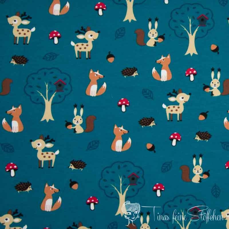 0,5 meter cotton jersey petrol with cute animals from the woods