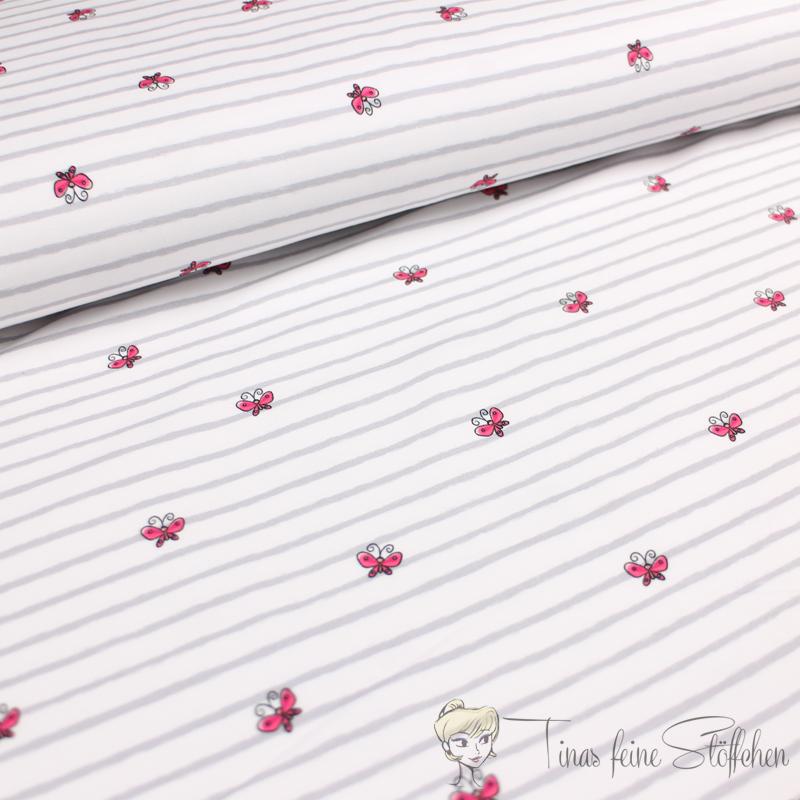 0,5 meter Cotton jersey in offwhite with grey stripes and cute butterflies