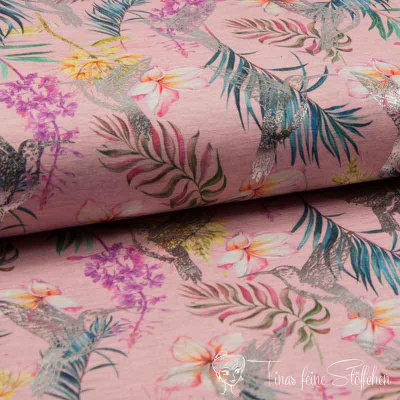 0,5 meter cotton jersey dusty pink with flowers and birds