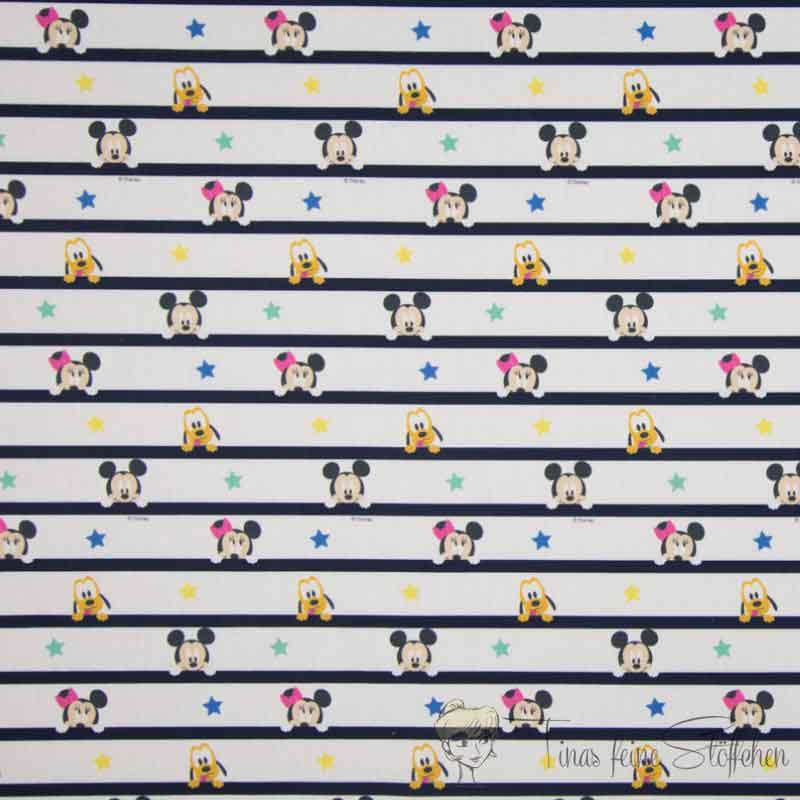 0,5 Meter Baumwoll Poplin weiß - Disney®  Kollektion mit Mickey und Minnie Maus und Pluto mit Streifen