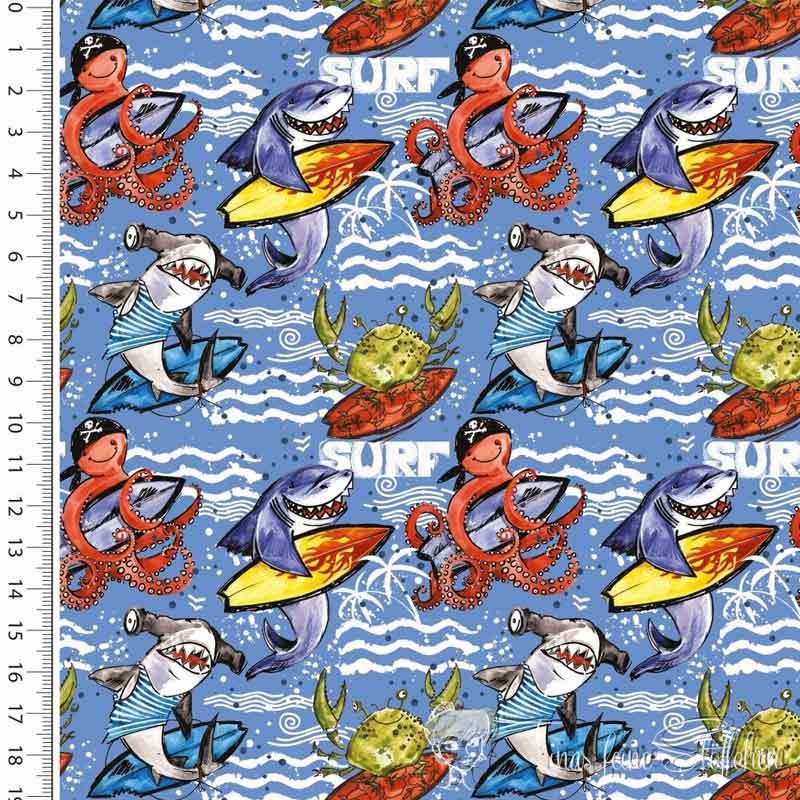 0,5 meter cotton jersey Digital print dark blue with surfing sharks and octopuses and crabs