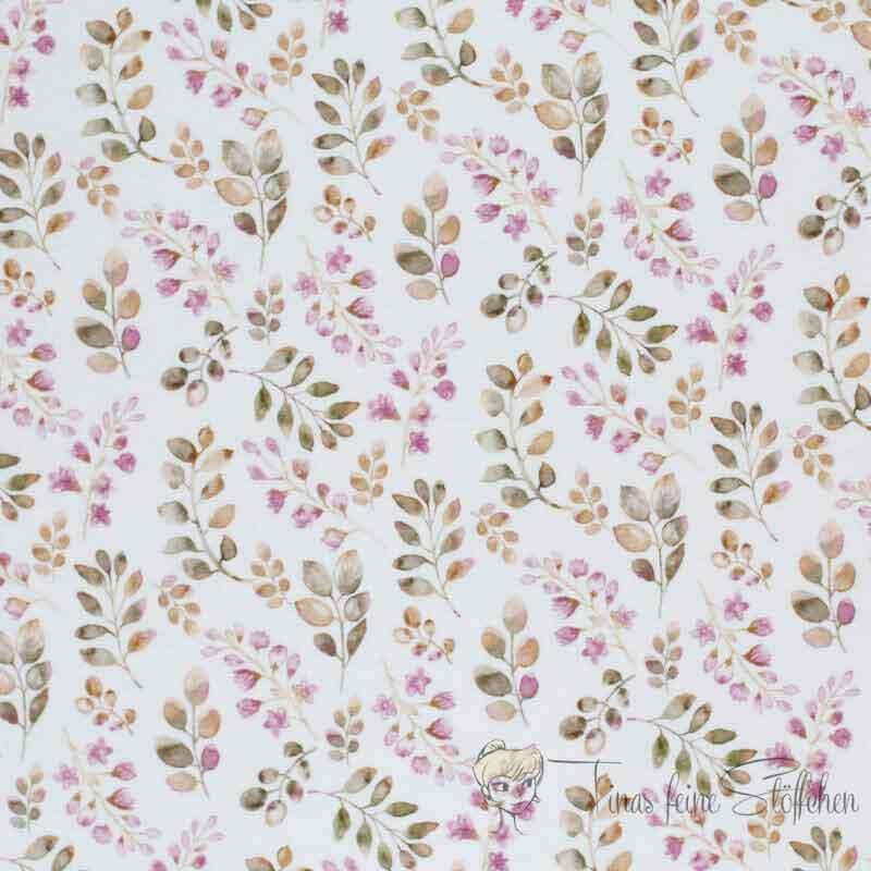 0,5 meter cotton jersey white with leaves in green and mauve