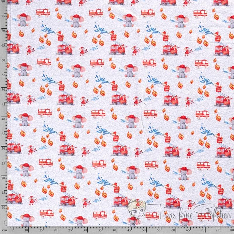 0.5 Meter Summer sweat/French Terry light gray with fire engines and animals