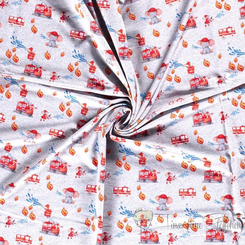 0.5 Meter Summer sweat/French Terry light gray with fire engines and animals