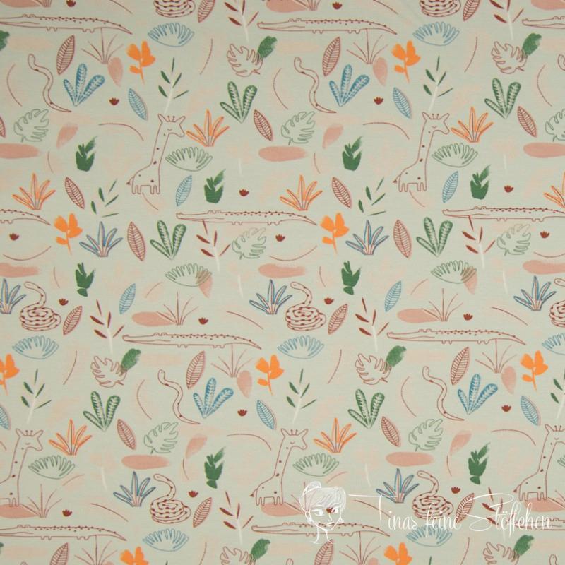 0.5 meter cotton jersey Dusty Mint with leaves and animals