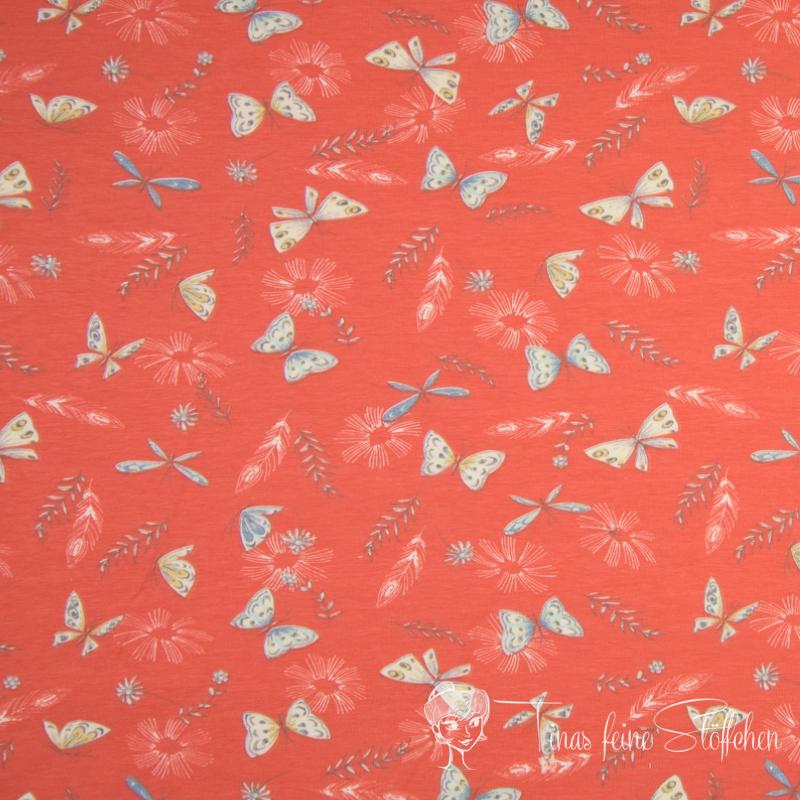 0.5 meter cotton jersey orange with flowers and butterflies