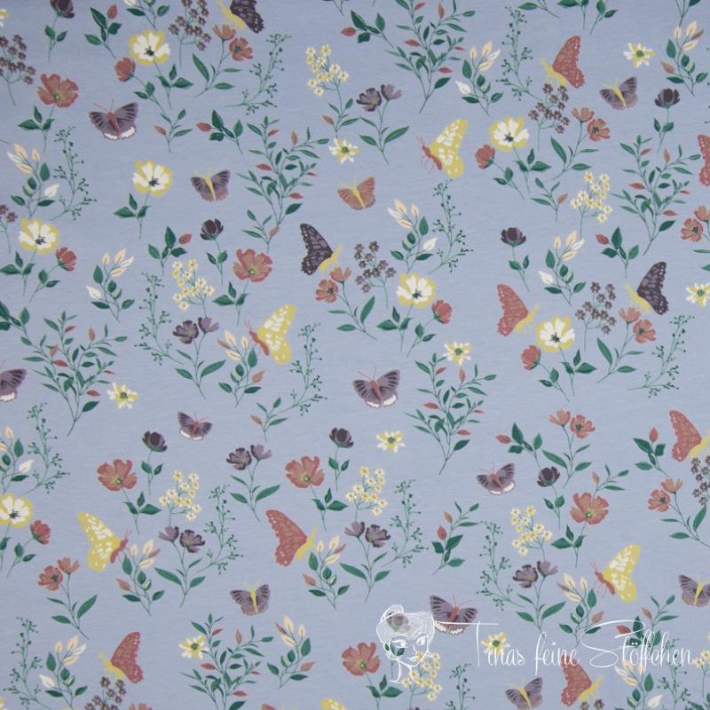 0.5 meter cotton jersey dove blue with butterflies and flowers