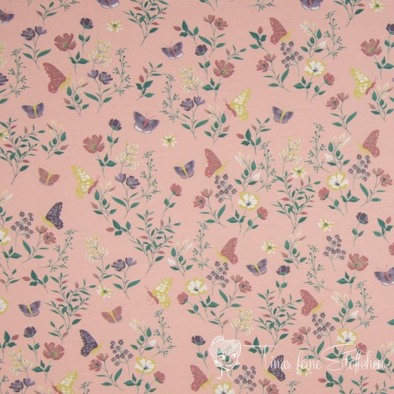 0.5 meter cotton jersey pink with butterflies and flowers