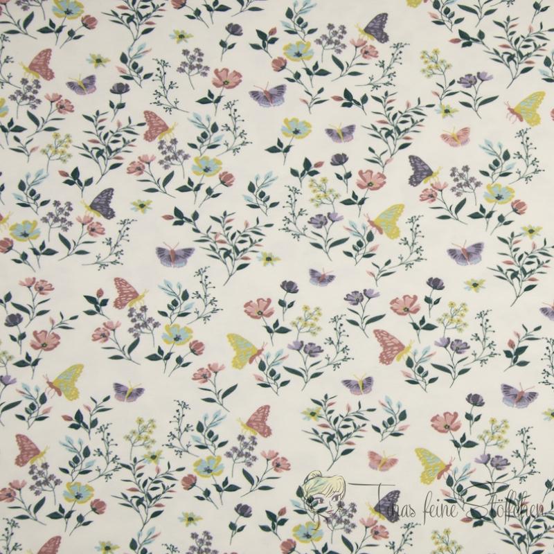 0.5 meter cotton jersey offwhite with butterflies and flowers