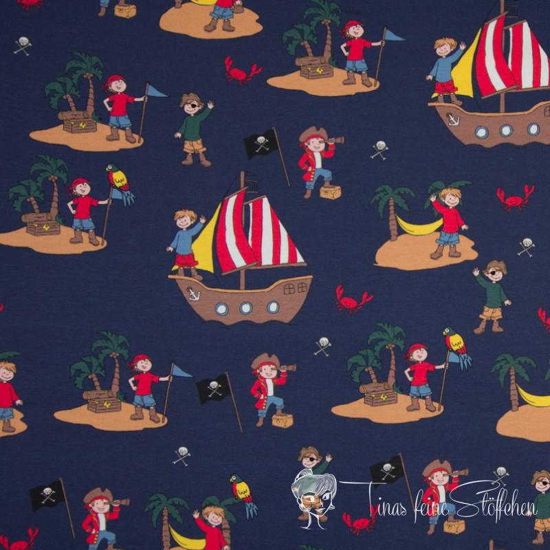 0.5 meter cotton jersey Navy with pirate islands and ships