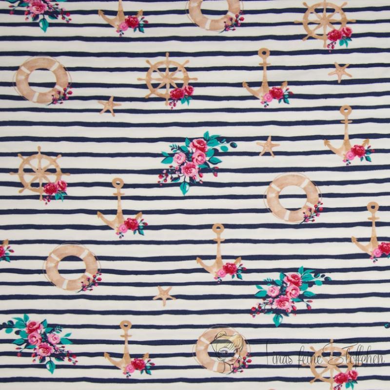 0.5 meter cotton jersey offwhite with navy stripes and nautical pattern