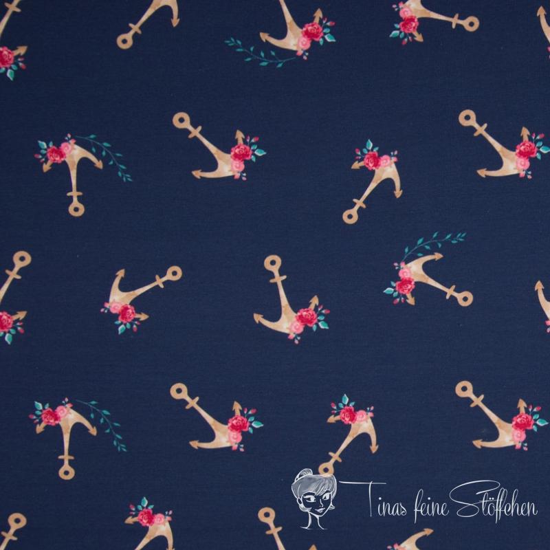 0.5 meter cotton jersey Navy mit Anker und Blumen