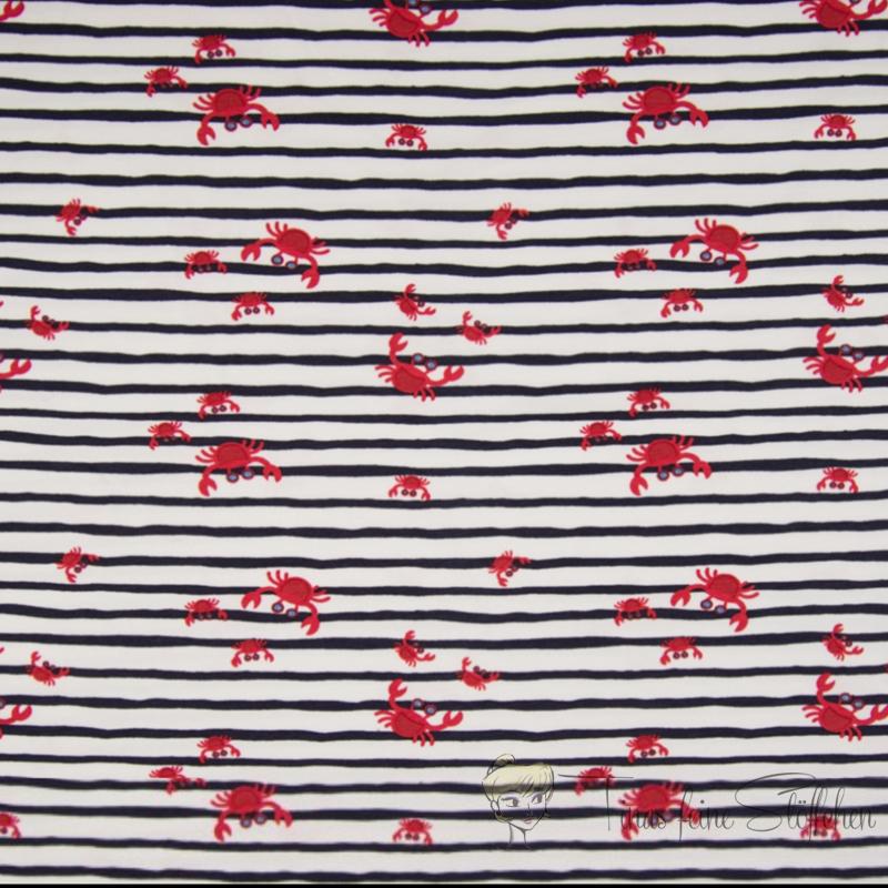 0.5 meter cotton jersey offwhite with navy stripes and red crabs