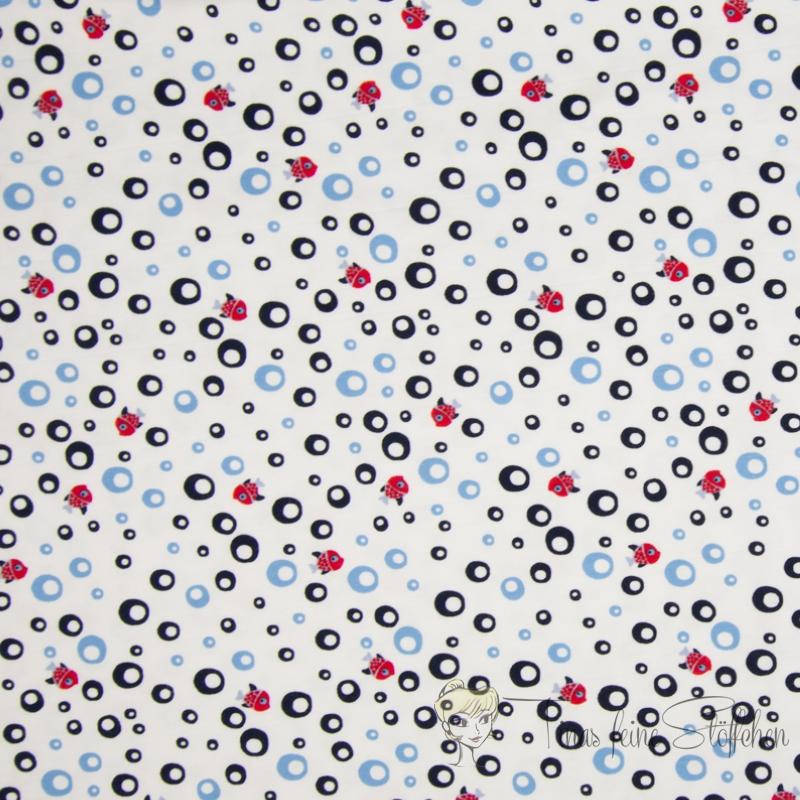 0,5 Meter Baumwolljersey weiss "Mixed Dots" mit kleinen roten Fischen