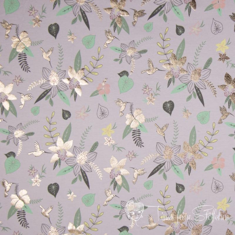 0.5 meter cotton jersey foil print lilac with flowers and hummingbirds