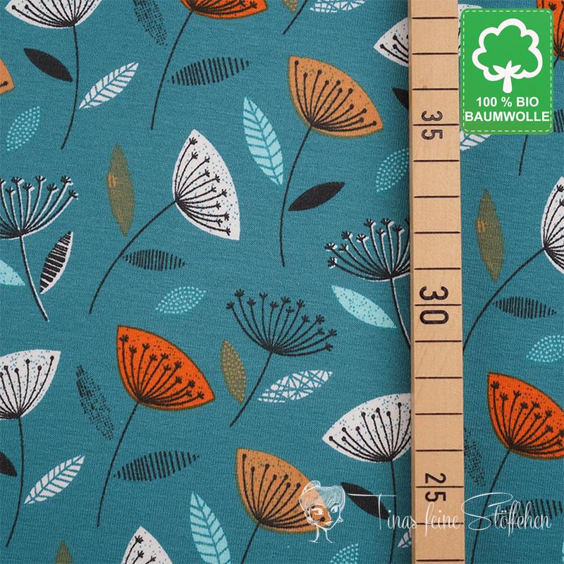 0,5 meter organic cotton jersey  Retro Flowers everglade